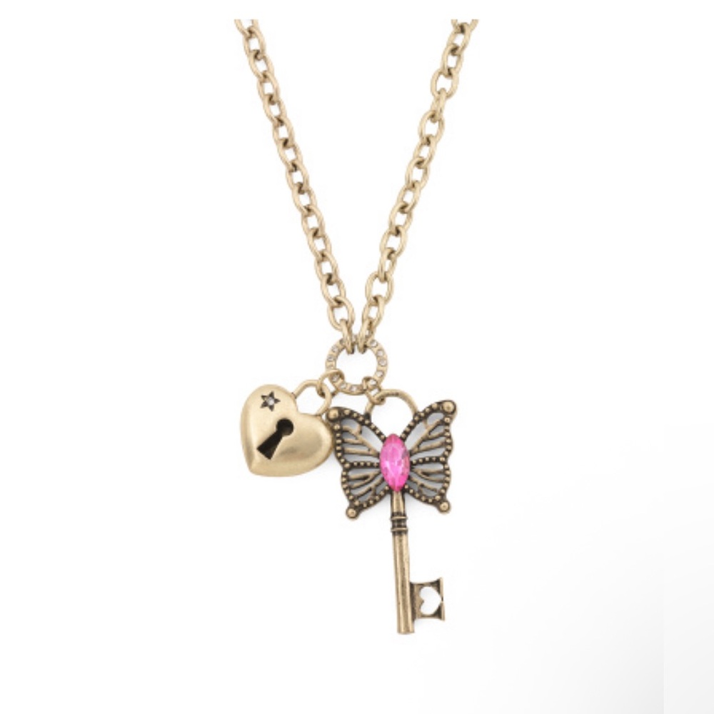 Sale‼️Betsy Johnson Boho Butterfly Key and Heart Pendant Necklace-New 19 inch L
